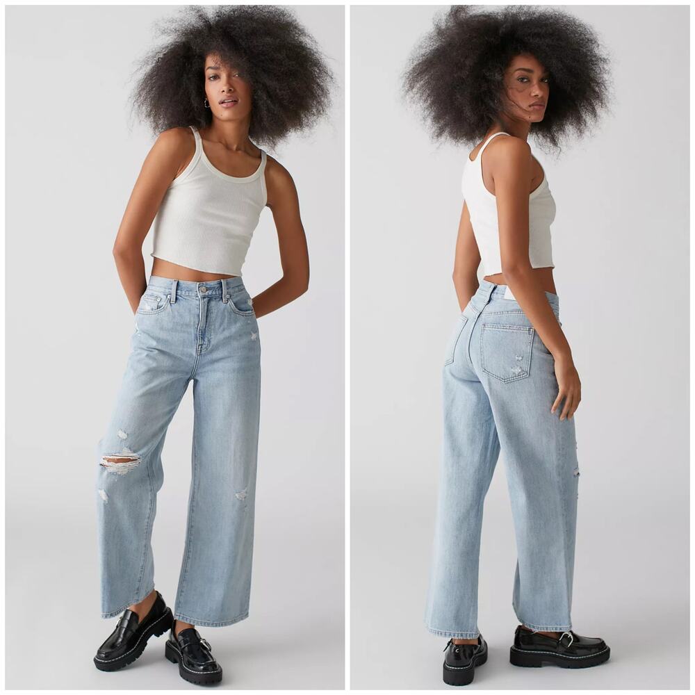 Pistola Loretta Wide Leg Jeans Light Gaze Blue Wash Size 28 High Rise Distress